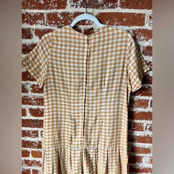 Vintage handmade tan & white gingham dress with pleated skirt, no tag, fits S-M - Picture 5 of 7